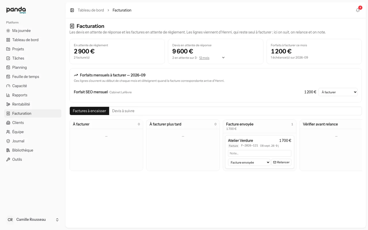 Suivi des devis et des factures avec leur étape de relance